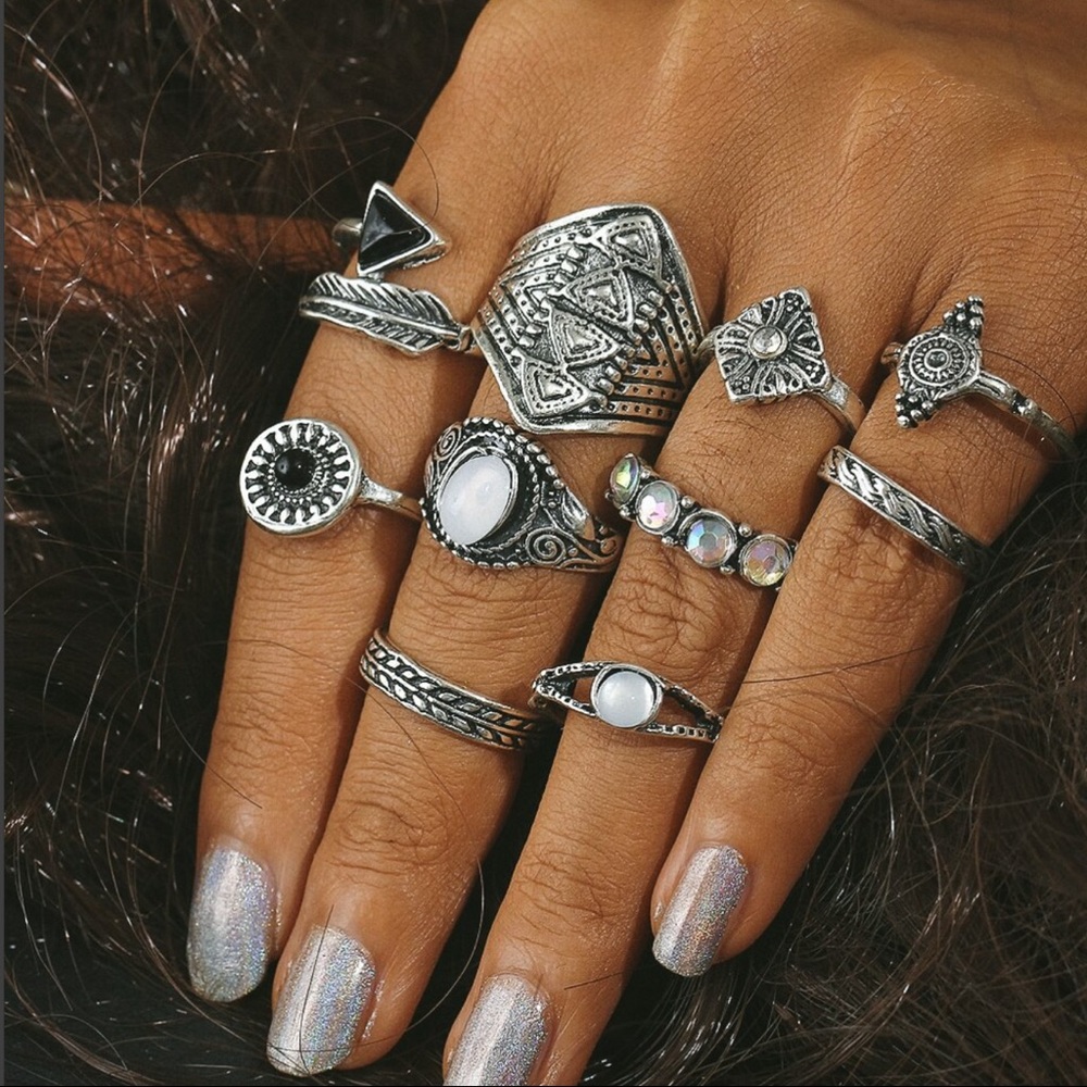 2/$20! Set of 10 Silver & Gem Boho Midi Rings - Picture 3 of 8